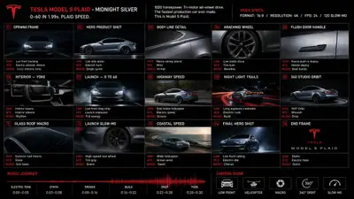 Storyboard cinematográfico do Tesla Model S Plaid