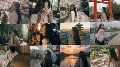 京都桜シーズンの一人旅を捉えた12コマのスナップ写真コラージュ