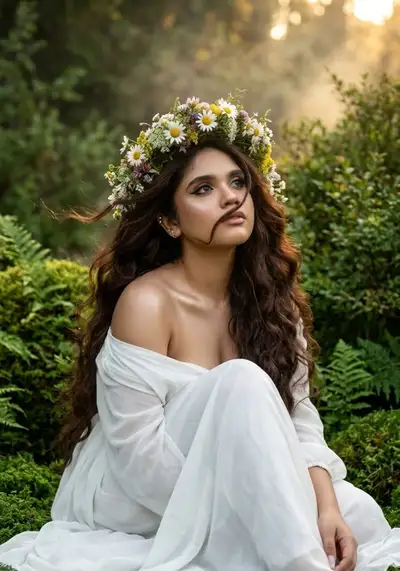 Retrato fotorrealista de bosque con corona de flores silvestres