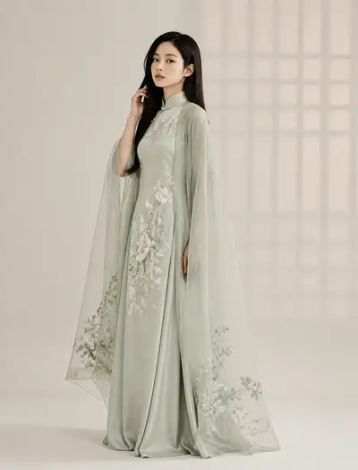 Elegant floral embroidered robe studio fashion portrait