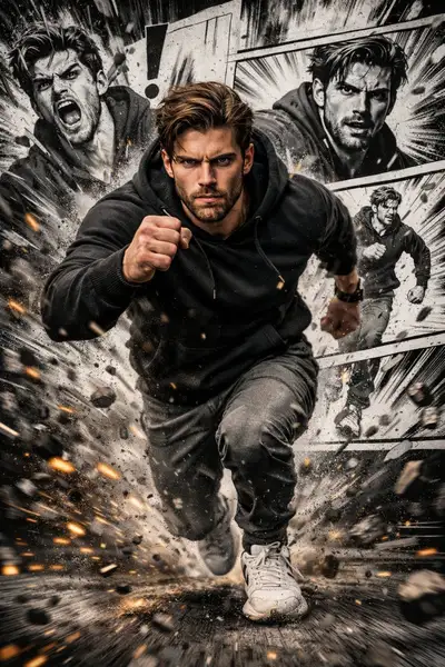 Filmisches Actionporträt kombiniert mit Comic-Collage