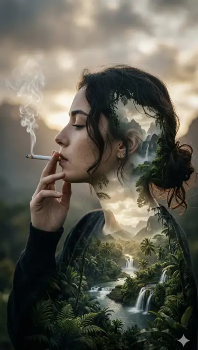 Cinematic Double-Exposure Portrait with Tropical Landscape