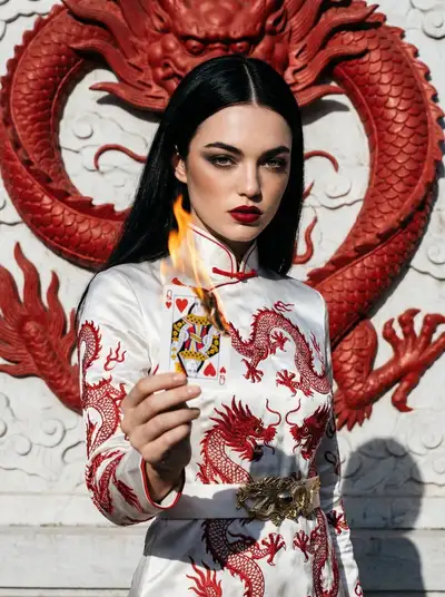 Elegant Woman in Silk Qipao with Dragon Motif