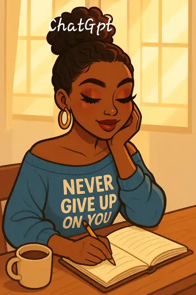 Cartoon-style illustration of a Black woman journaling