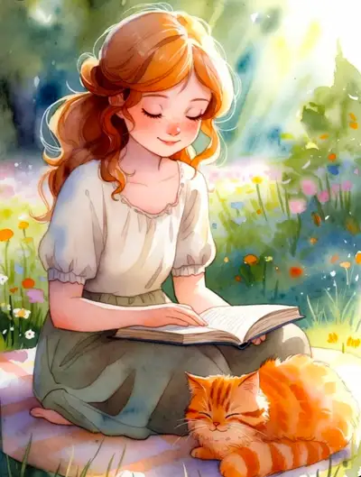 Cozy Watercolor Reading Scene with Pet
