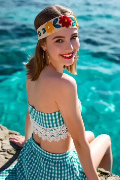 Young Woman on Stone Pier in Gingham Outfit