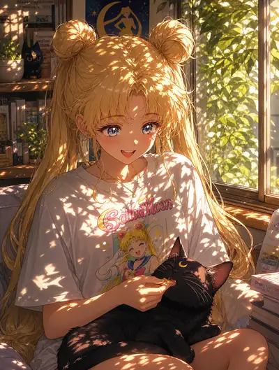 Ilustración anime conmovedora de Usagi Tsukino con un gato
