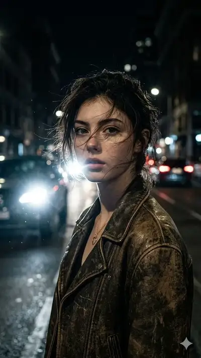 Night street portrait with sweeping car headlight glow