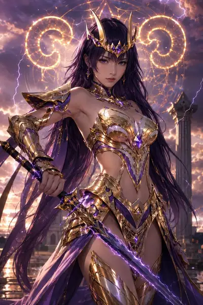 Modelo de retrato de fantasia com armadura dourada de tecido inspirada no zodíaco