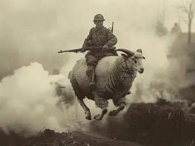 Scène de bataille d'un soldat de la Seconde Guerre mondiale chevauchant un destrier géant