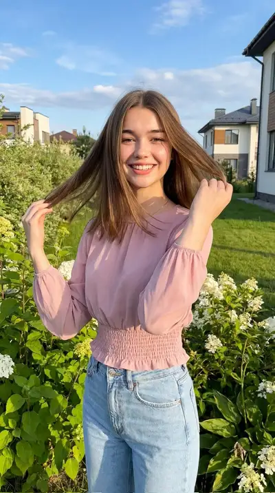 Cheerful lifestyle portrait in a lush green garden