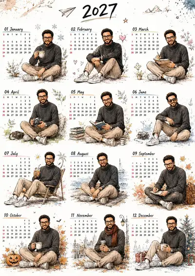 Premium 2027 Desktop Calendar Poster with Korean Illustration Style