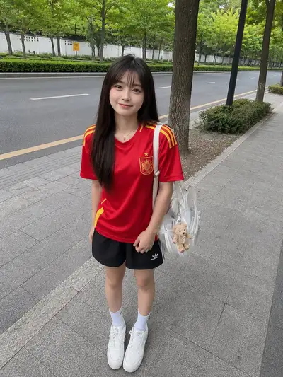 身穿西班牙国家队球衣的随拍街头照片