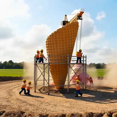 Miniature Construction Crew Building Ice Cream Cone