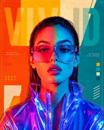 Split-lighting editorial poster with a holographic jacket