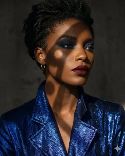 Portrait de mode haut de gamme avec fard à paupières bleu et paillettes dorées