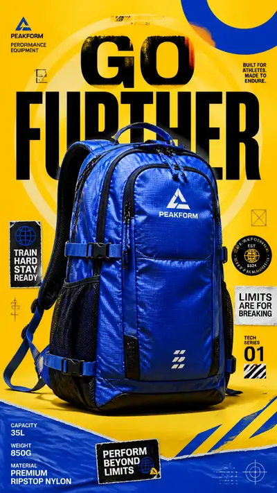 Prompt para póster publicitario de mochila deportiva azul cobalto