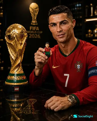 Cinematic Messi portrait with a LEGO World Cup trophy