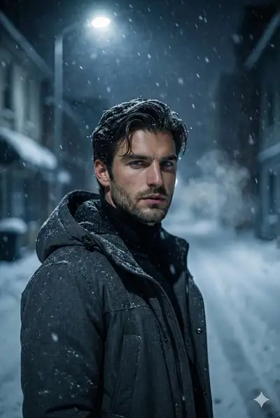 Portrait de rue noir hivernal sous la neige