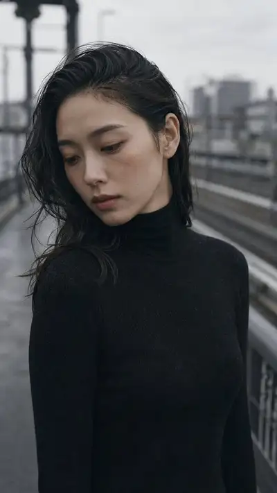 Overcast grey-toned portrait of a woman on a platform