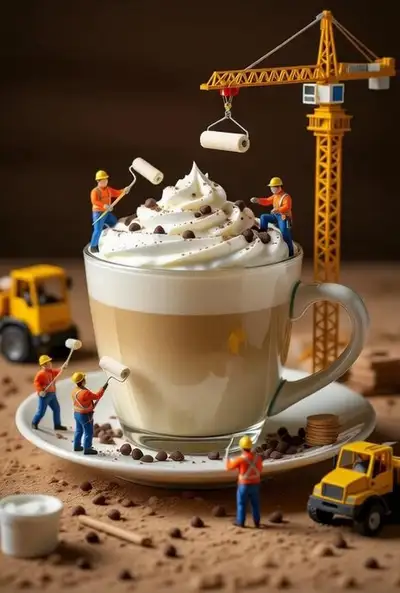 Miniature Construction Workers Crafting a Latte