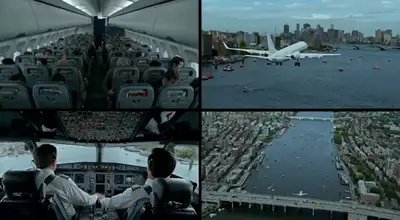 飛行機の河川緊急着水を4分割で捉えた映像