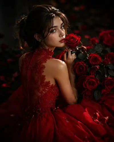 Cinematic Moody Portrait of Woman Amidst Red Roses