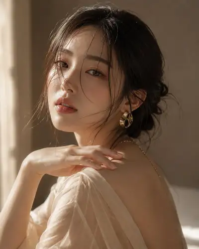 Retrato editorial de belleza coreana en cálida hora dorada