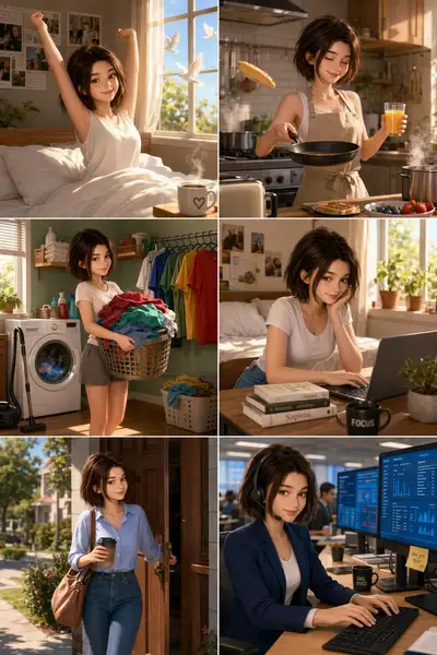 Collage en cuadrícula 3x2 estilo Pixar de la rutina diaria de una mujer