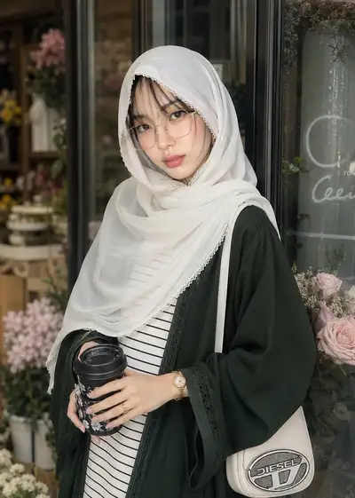 Elegantes Porträt einer Frau mit Hijab und goldener Brille