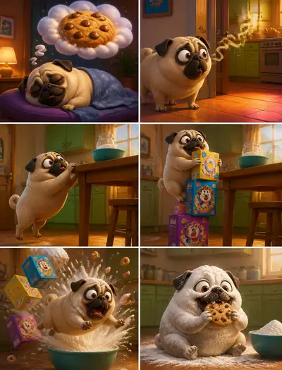 Storyboard de um pug perseguindo um sonho de biscoito
