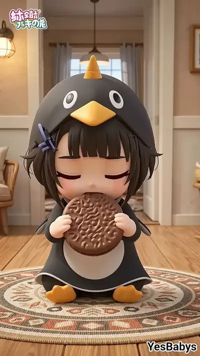 Render 3D de kigurumi de pingüino chibi corriendo en un pasillo acogedor