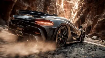 Une hypercar fonce à grande vitesse dans un étroit canyon désertique