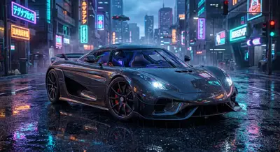 Ultra-luxury futuristic supercar on a rainy cyberpunk street