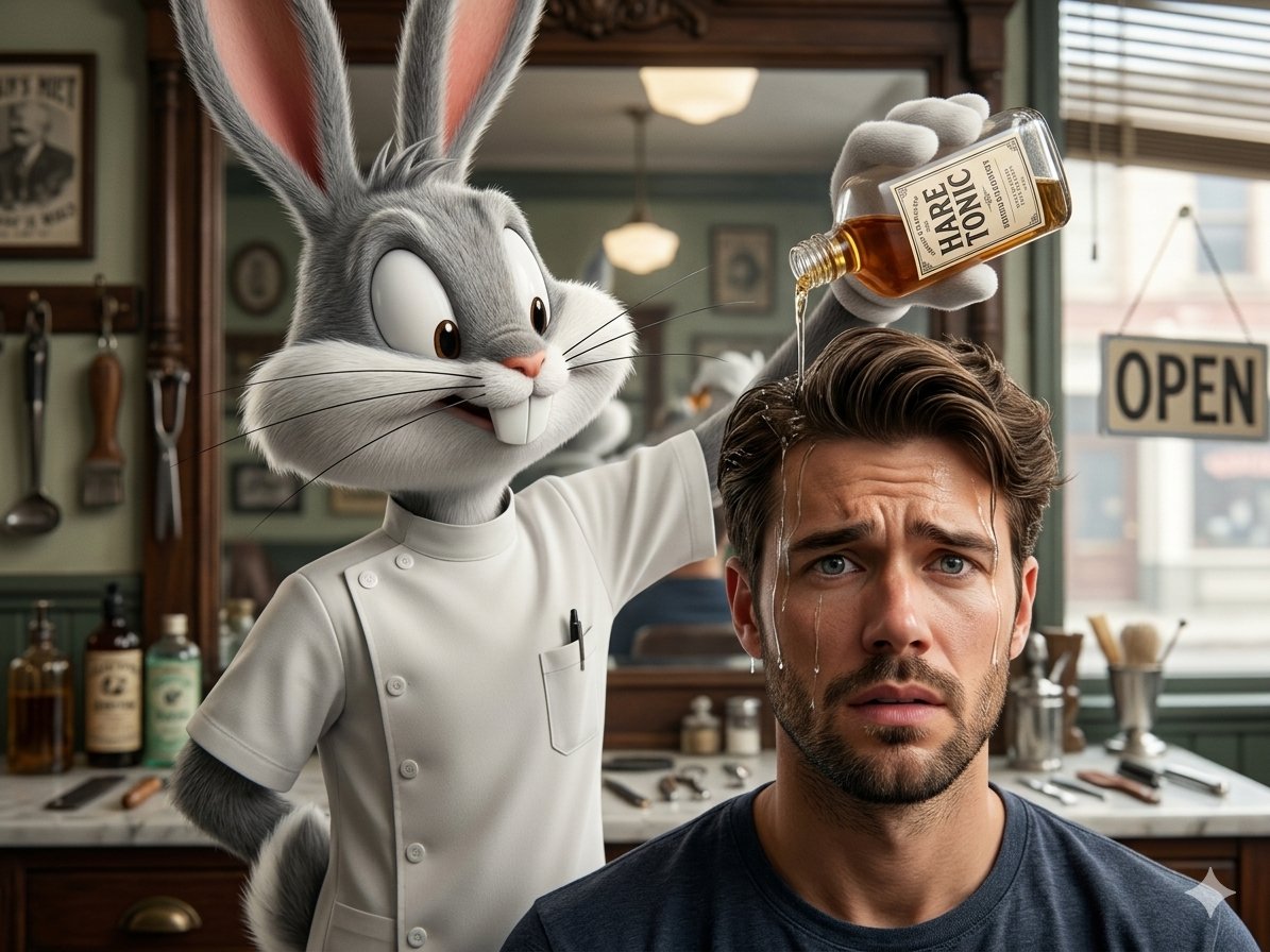 Bugs Bunny barbershop hare tonic gag, Nano Banana