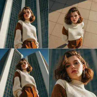Retrato de moda em contra-plongée extremo diante de um arranha-céu