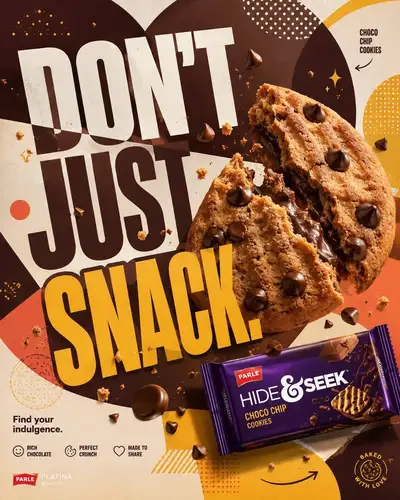 Premium FMCG campaign poster for a chocolate chip cookie brand