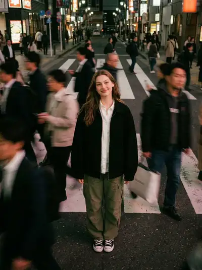 Overhead crosswalk portrait with a motion-blurred crowd