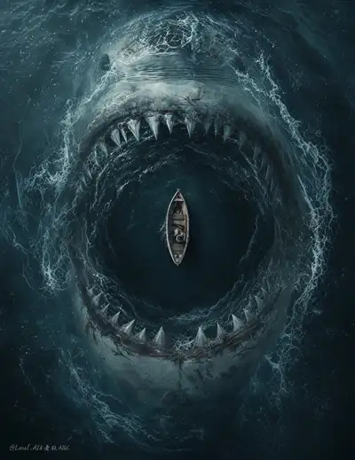 Ancient Colossal Shark Mouth Beneath Tiny Boat