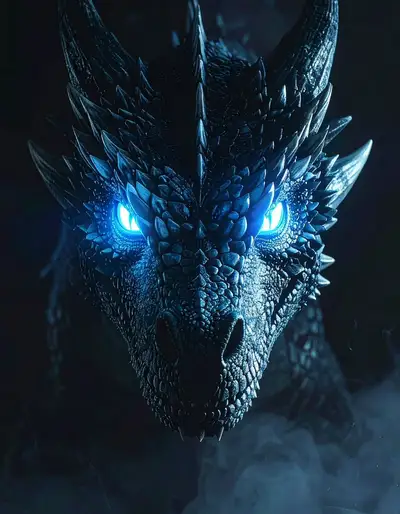 Drache mit leuchtenden eisblauen Augen