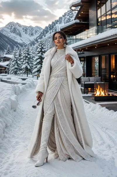 Alpine winter couture fashion editorial with saree and fur coat