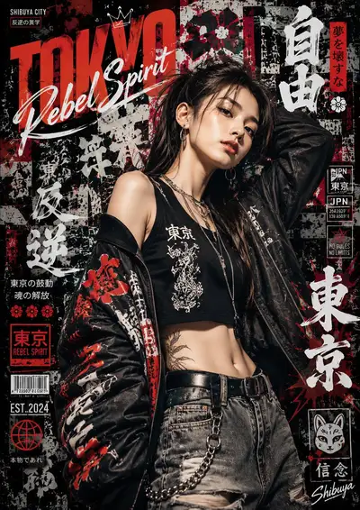 大胆な日本のグラフィティ風ストリートファッションポスターポートレート