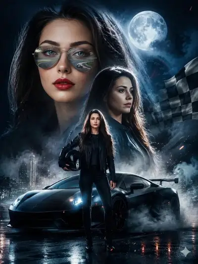 Mehrschichtiges Straßenrennfahrer-Filmposter mit Supersportwagen und Mond