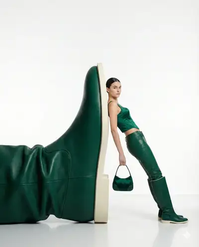 High-Fashion-Editorial-Porträt neben einer übergroßen Stiefel-Skulptur