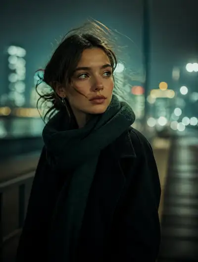 Cinematic Night Portrait of Woman in City Lights