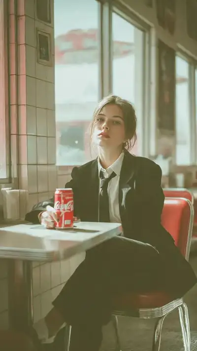 Mulher em lanchonete retrô com Coca-Cola - Meta AI