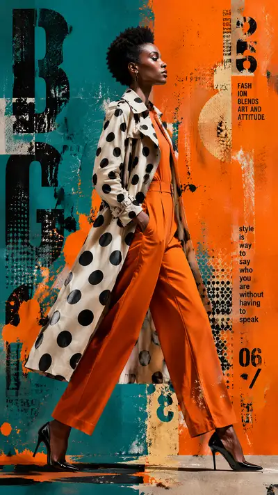 High-fashion mixed-media collage portrait with a polka-dot trench coat