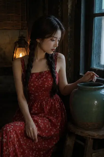 Photo-realistic vintage indoor portrait with pottery