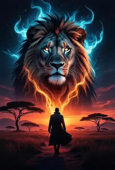 Double exposure glowing lion masterpiece
