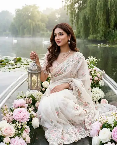 Vogue fairytale editorial portrait in a floral glass boat